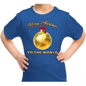 Bellatio Decorations kerst t-shirt voor kinderen - Merry Christmas - wereld - blauw