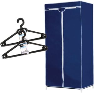 Set van mobiele opvouwbare kledingkast met blauwe hoes 160 cm en 20x plastic kledinghangers zwart