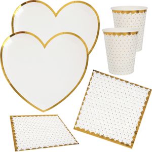 Feest wegwerp servies set - hartje - 10x bordjes / 10x bekers / 20x servetten - wit/goud