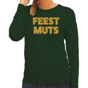 Bellatio Decorations foute kersttrui/sweater dames - feest muts - groen - glitter goud -feestkleding