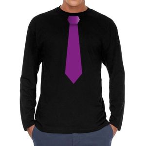Zwart long sleeve t-shirt zwart met paarse stropdas bedrukking heren