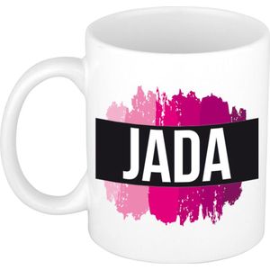 Jada  naam / voornaam kado beker / mok roze verfstrepen - Gepersonaliseerde mok met naam