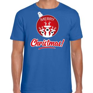 Blauw Kerst shirt / Kerstkleding Merry Christmas voor heren met rendier kerstbal