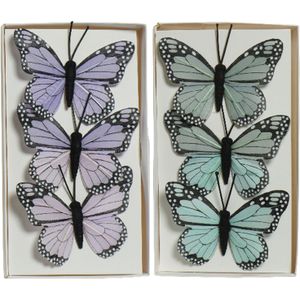 6x stuks decoratie vlinders op draad - blauw - paars - 6 cm