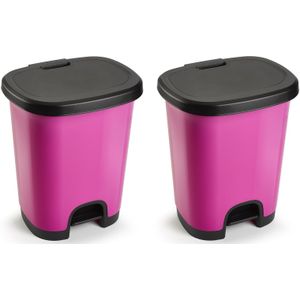 Set van 2x stuks kunststof afvalemmers/vuilnisemmers fuchsia roze/zwart van 27 liter met pedaal