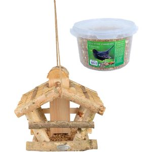 Vogelhuisje/voedersilo hout 30 cm inclusief 4-seizoenen mueslimix vogelvoer