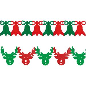 Kerstversiering slingers - set 2x stuks - kerstklokken en rendieren - 300 cm p/stuk - papier