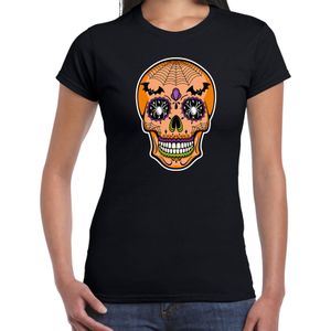 Day of the dead skelet gezicht halloween verkleed t-shirt zwart voor dames
