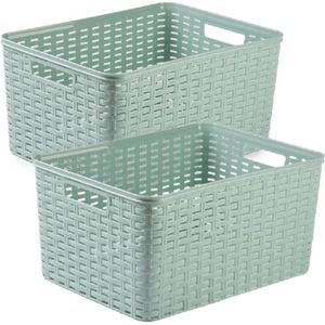 2x stuks rotan gevlochten opbergmand/opbergbox kunststof - mintgroen - 38 x 28 x 19 cm - Kast mandjes