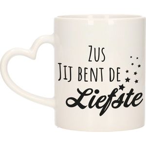 Bellatio Decorations Cadeau koffie/thee mok voor zus - zwart - hartjes oor - keramiek - 300 ml