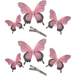 6x stuks decoratie vlinders op clip - roze - 3 formaten - 12/16/20 cm