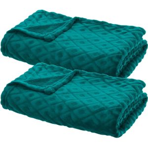 Atmosphera Plaid/bankdeken Monnet - 2x - mediteraan blauw - 180 x 230 cm - polyester fleece - ruitmotief - bedsprei