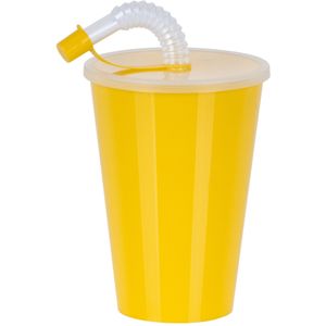 Juypal Drinkbeker met deksel en rietje - geel - kunststof - 450 ml - 12 x 9 cm