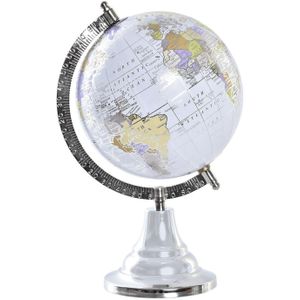 Items Deco Wereldbol/globe op voet - kunststof - grijs/zilver - home decoratie artikel - D15 x H28 cm