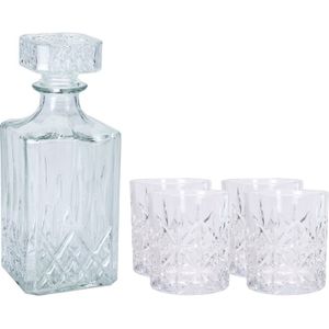 Glazen whisky/water karaf 900 ml met 4x luxe whiskyglazen 230 ml - Genieters of cadeau set