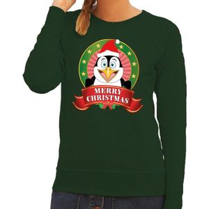 Foute kersttrui groen met pinguin voor dames