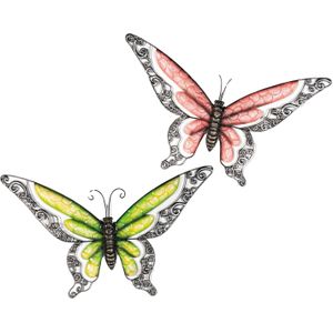 Anna Collection Wanddecoratie vlinders - 2x - rood/groen - 49 x 28 cm - metaal - muurdecoratie