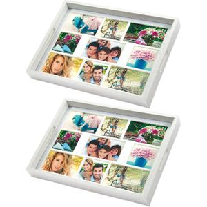 2x stuks houten foto dienblad wit 45 x 35 cm met 9 foto in diverse maten