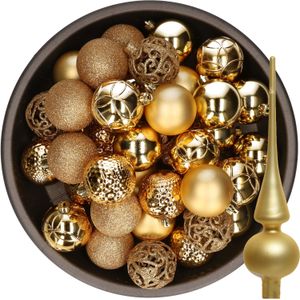 37x stuks kunststof kerstballen 6 cm incl. glazen piek mat goud