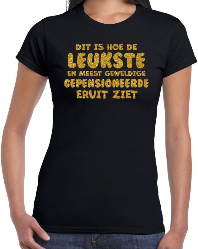 Bellatio Decorations - T-shirt - Zwart - Pensioen - Glitter Goud - Dames