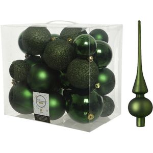 Kerstversiering kunststof kerstballen met piek donkergroen 6-8-10 cm pakket van 27x stuks