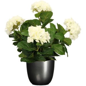 Hortensia kunstplant/kunstbloemen 45 cm - wit - in pot titanium grijs glans
