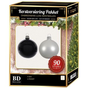 Wit met zwarte kerstballen pakket 90-delig voor 150 cm boom