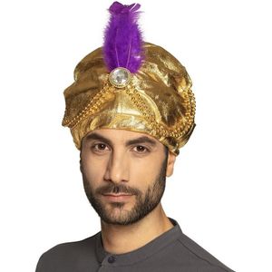 Gouden Sultan hoed met veer verkleedkleding verkleedaccessoire