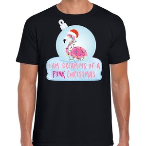 Zwart Kerstshirt / Kerstkleding I am dreaming of a pink Christmas voor heren met flamingo kerstbal