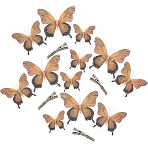 12x stuks decoratie vlinders op clip - geel/roze - 3 formaten - 12/16/20 cm