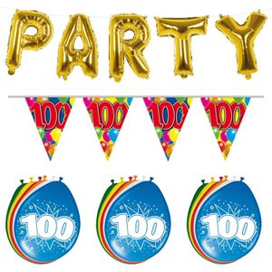 Verjaardag feestversiering 100 jaar PARTY letters en 16x ballonnen met 2x plastic vlaggetjes