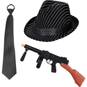 Gangster/maffia/roaring Twenties verkleed set - gleufhoed zwart - stropdas en machinegeweer