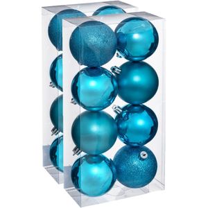 16x stuks kerstballen turquoise blauw glans en mat kunststof 7 cm
