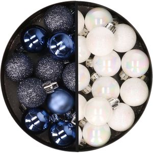 34x stuks kunststof kerstballen donkerblauw en parelmoer wit 3 cm