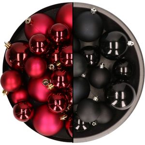 Kerstversiering kunststof kerstballen mix zwart/donkerrood 4-6-8 cm pakket van 68x stuks