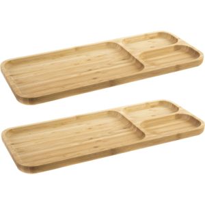 Set van 2x stuks bamboe houten 3-vaks sushibord 39 x 16 x 2 cm - Serveerbladen/serveerbord/sushibord met vakjes