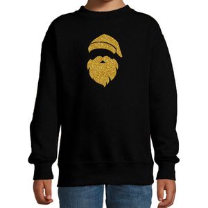 Kerstman hoofd Kerstsweater / Kersttrui zwart voor kinderen met gouden glitter bedrukking