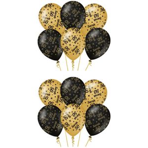 12x stuks luxe Sarah/50 jaar feest ballonnen - goud/zwart - latex - ca 30 cm