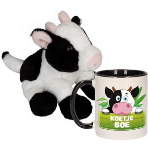 Cadeau set kind - Koeien knuffel 15 cm en Drinkbeker/mok Koe 300 ml