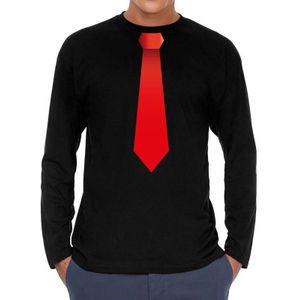 Zwart long sleeve t-shirt zwart met rode stropdas bedrukking heren