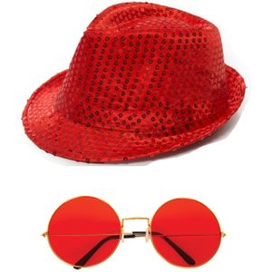 Carnaval verkleed set glitter hoed en ronde party bril rood