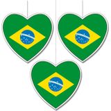 3x stuks brazilie vlag hangdecoratie hartjes vorm karton 14 cm