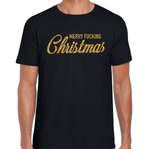 Zwart Kerst shirt / kerstkleding Merry Fucking Christmas glitter goud op zwart heren