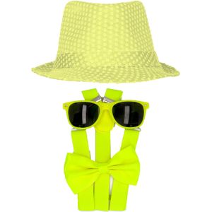 Carnaval verkleed set compleet - hoedje/bretels/bril/strikje - fluor geel - heren/dames - glimmend