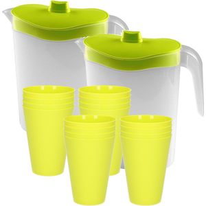 16x kunststof drinkbekers 430 ML met 2x stuks schenkkannen set groen van 2.5 liter