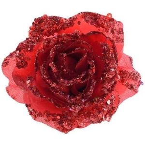 6x Rode glitter rozen met clip