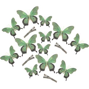 12x stuks decoratie vlinders op clip - groen - 3 formaten - 12/16/20 cm