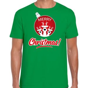 Groen Kerst shirt / Kerstkleding Merry Christmas voor heren met rendier kerstbal