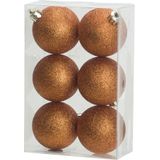 6x stuks kunststof glitter kerstballen oranje 8 cm