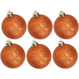 6x stuks kunststof glitter kerstballen oranje 8 cm